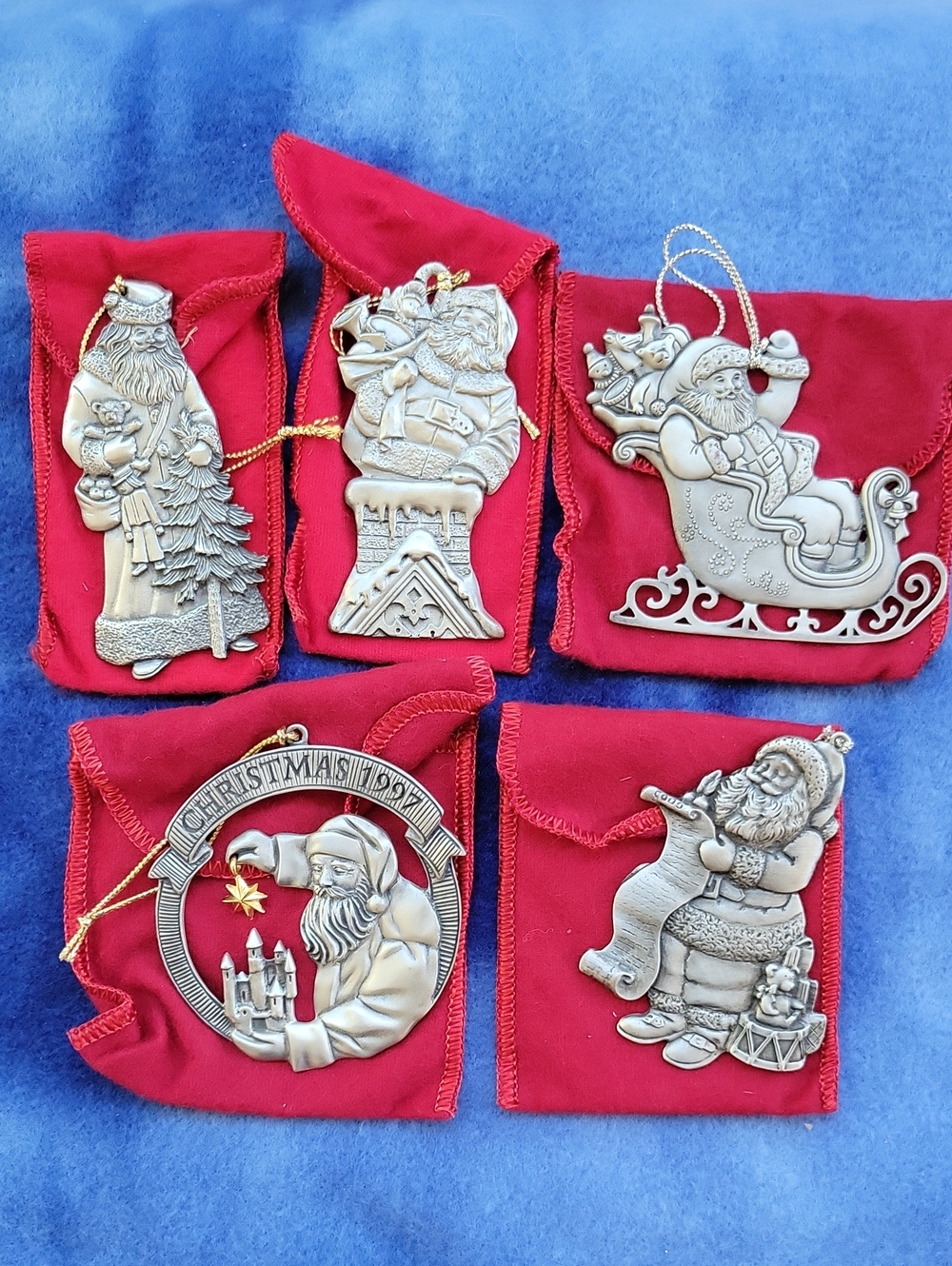 Set Of 5 Pewter Avon Collectible Santa Ornaments 1993 - 1997